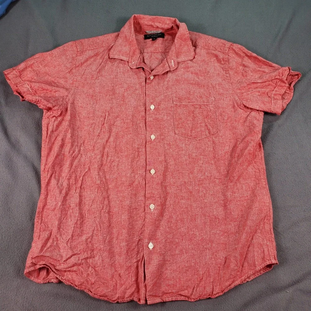 Banana Republic Mens Linen Slim‎ Fit Short Sleeve Button Down Shirt Red Large